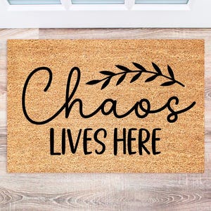 Chaos Lives Here Doormat, Funny Welcome Mat for Home Decor, Personalized Entryway Rug