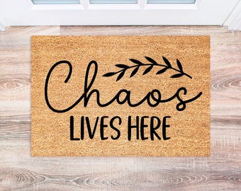 Chaos Lives Here Doormat, Funny Welcome Mat for Home Decor, Personalized Entryway Rug
