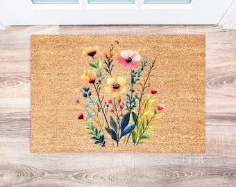 Spring Wildflower Doormat, Cute Floral Front Mat, Outdoor Welcome Decor, Housewarming Gift, Spring Decor