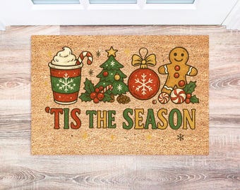 Tis The Season Christmas Doormat, Festive Holiday Welcome Mat, Cute Xmas Decor for Front Porch, Winter Gift