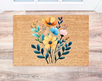 Spring Wildflower Doormat, Floral Welcome Mat, Cute Outdoor Decor, Housewarming Gift, Spring Home Decor Ideas
