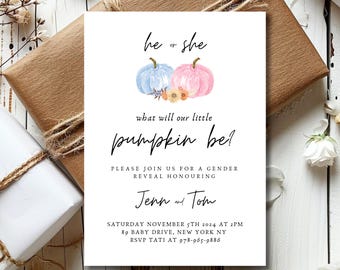May include: A gender reveal party invitation with a blue and pink pumpkin design. The text reads "he or she what will our little pumpkin be?"  Please join us for a gender reveal honouring Jenn and Tom. Saturday November 5th 2024 at 2pm. 89 Baby Drive, New York NY. RSVP Tati at 978-965-9886.