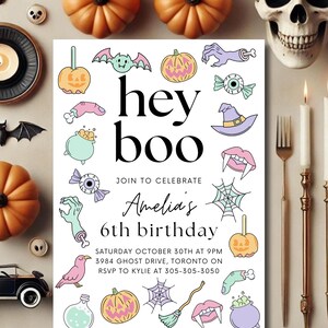 Hey Boo Editable Pastel Halloween Birthday Invitation Girly Halloween Invitation Spooky Invitation Halloween Invitation Template Fall Party