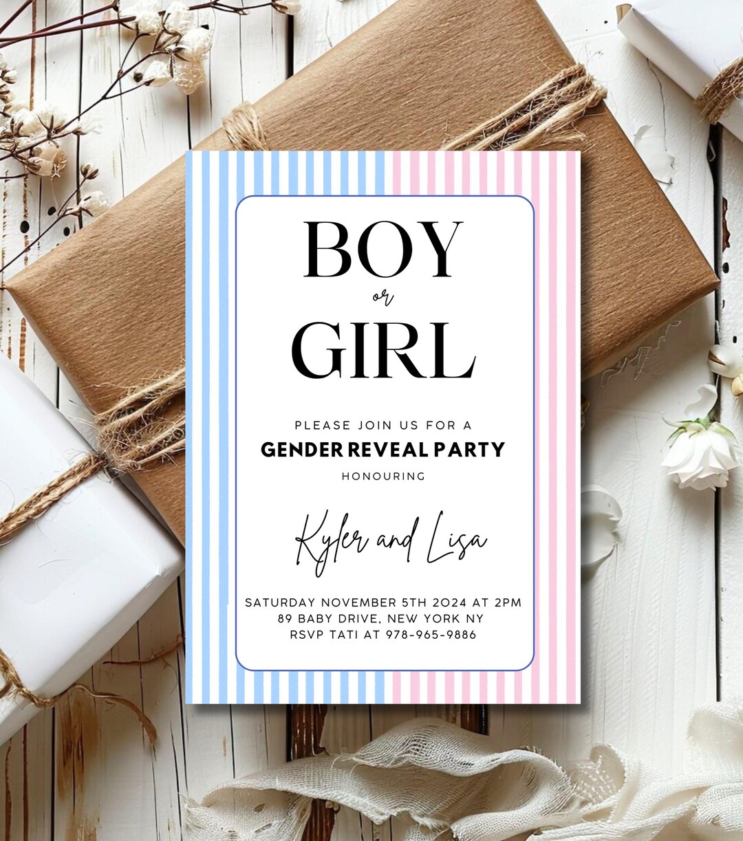 Boy or Girl Editable Gender Reveal Invite Template He or She Pink and ...