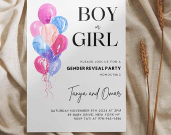 Balloons Gender Reveal Editable Invite Digital Gender Reveal Party Invite Card Blue and Pink Balloon Watercolour Gender Reveal Invitation