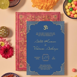 Convite de casamento Punjabi Modelo de convite digital hindu Convite de casamento indiano hindu Cartão de casamento indiano Convite Sikh Azul e dourado