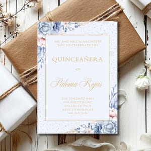 Blue and Gold Quinceañera Invitation Editable 15th Birthday Party Invite Template Floral Mis Quince Anos  Instant Download Elegant Birthday