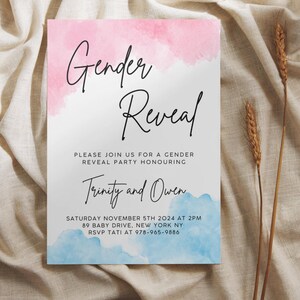 Faire-part de révélation de sexe garçon ou fille modèle d'invitation de révélation de sexe de garçon ou fille imprimable Carte de révélation de genre aquarelle bohème rose et bleu
