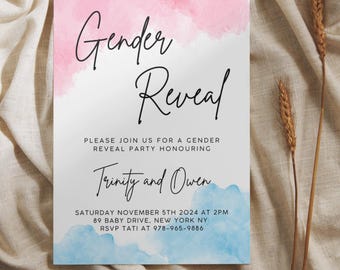 Gender Reveal Invitation Boy or Girl Gender Reveal Invitation Editable Template Printable Pink and Blue Boho Watercolour Gender Reveal Card