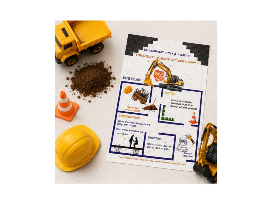 Construction Birthday Invitation Template Editable Canva, Blueprint ...