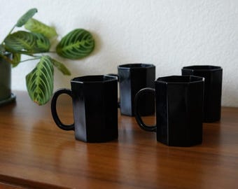 Arcoroc Octime Black Glass Octagon Coffee Cups, made in 1980s in France