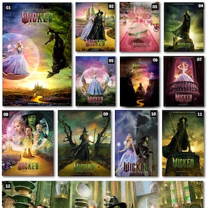 Puede incluir: Una colección de carteles de la película musical "Wicked". Los carteles presentan varios personajes con trajes elaborados, incluyendo brujas y otras figuras fantásticas. La paleta de colores incluye verdes, morados y dorados, con el título "Wicked" en un lugar destacado.