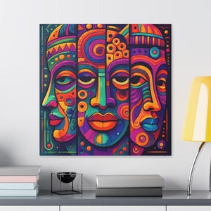 Tribal Mask Wall Art Print – Vibrant Cubist Abstract Face Art – Tribal-Inspired Psychedelic Art - Tribal Motifs + Surrealist Pop-Art Twist.