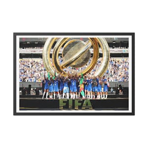 Op de afbeelding: Een ingelijste foto toont een team in blauw dat een overwinning viert. Ze staan op een podium met het woord "FIFA" in grote gouden letters. Op de achtergrond staat een grote gouden trofee, met een menigte mensen op de tribune.