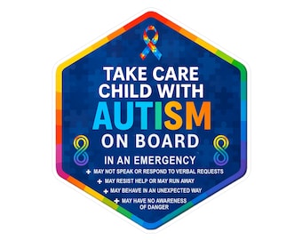 Pegatina para ventana de coche con mensaje de concienciación sobre el autismo: Niños/Niño con autismo a bordo. Pegatina hexagonal de vinilo impermeable con símbolo de infinito y cinta.