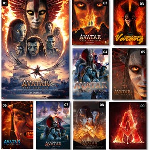 Puede incluir: Una colección de carteles de la película "Avatar: Fire and Ash". Los carteles presentan varios retratos y escenas de personajes, con una paleta de colores predominante de naranja, azul y negro. El texto "Avatar: Fire and Ash" y la fecha de lanzamiento son visibles.