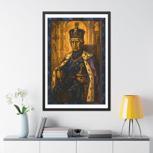 Cubist King Charles III Coronation Portrait – Digital and Print Royal Wall Art | Geometric Regal Abstract Print | Blue & Gold British Royal