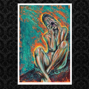 May include: An expressive painting of a seated figure, rendered in shades of teal, orange, and brown. The figure is depicted with hands covering the face, mouth open in a scream. The artwork is framed in white, set against a black patterned background.