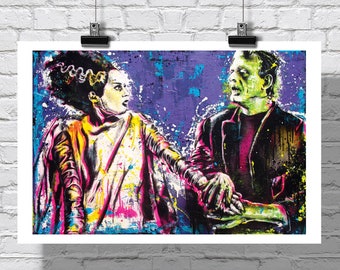May include: A colorful, abstract painting of Frankenstein's monster and his bride. The painting is done in a vibrant style with splashes of color and a purple background.