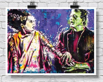 Poster Print 24x18 » Frankenstein et sa fiancée - Classique Monster Horror Halloween Gothique Pop Art Signé Art