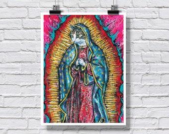 Poster Print 18x24" - Virgin Meowy - Mother Purresa Holy Peanut Religious Cat Guadalupe Cat Humor Kitsch Funny Pop Art Signed