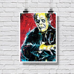 May include: A colorful, abstract painting of a man with a distorted face. The man is wearing a dark suit and has a yellow and blue background.