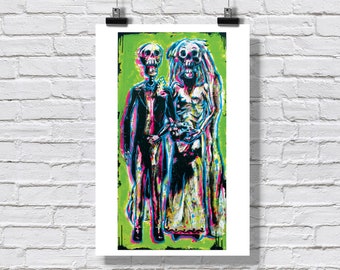 Print 12x18" - Day of the Dead Dia de los Muertos Wedding - Calavera Skeleton Death Skulls Halloween Wedding Married Marriage  Signed Art