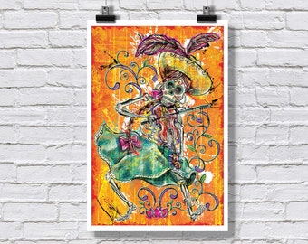 Print 12x18" - Day of the Dead Día de Los Muertos Calavera Fiddle Player - Skeleton Halloween Fiddler Folk Art Pop Art Signed Art