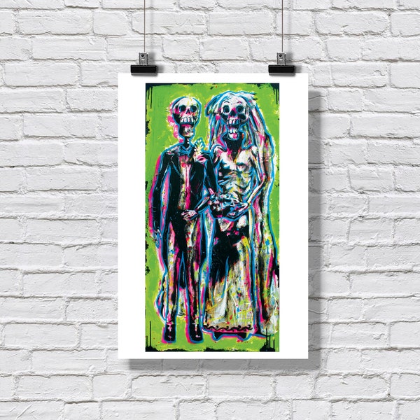 Print 12x18" - Day of the Dead Dia de los Muertos Wedding - Calavera Skeleton Death Skulls Halloween Wedding Married Marriage  Signed Art