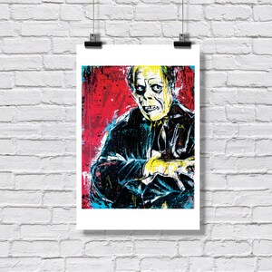 May include: A colorful, abstract painting of a man with a pale face and dark hair. He is wearing a black suit and has a serious expression. The background is a mix of red, yellow, and blue.