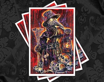 May include: A digital illustration of a plague doctor wearing a long black coat and a bird mask. The doctor is holding a lantern and a staff with a snake wrapped around it. The background is a red and black splattered design with skulls scattered around the doctor's feet.