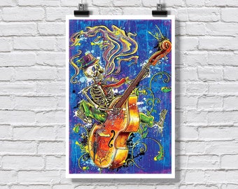 Day of the Dead Bass Player  Art Print - Dia de Los Muertos Skeleton Halloween Fiddler Folk Art Pop Art