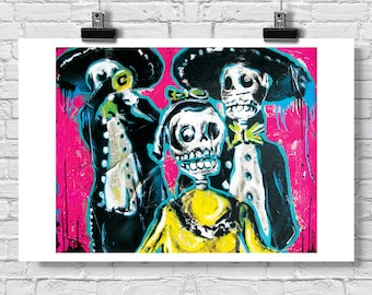 Print 18x12" - Dia de Los Muertos Street Party - Day of the Dead Calavera Skulls Skeletons Death