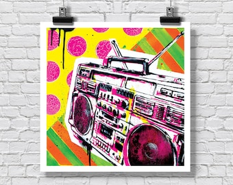 Print 12x12" - Ghetto Blaster - Boom Box Old school Tape Deck Stencil Art Pop Art Signed