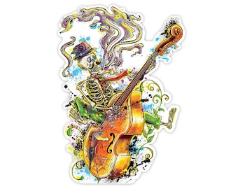 Autocollant vinyle - Day of the Dead Bass Player (env. 3,25 x 4,5 »)- Dia de Los Muertos Skeleton Halloween Fiddler Folk Art Pop Art