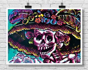 Poster Print 24x18" - Dia de Los Muertos Calavera -  Skull Skeleton Death Halloween Stencil Pop Art