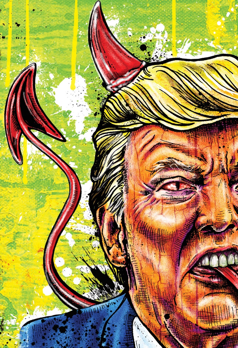 May include: A colorful illustration of a man with blonde hair, red devil horns, and a red tail. The man's face is contorted in an angry expression, with his tongue sticking out. The background is a mix of green and yellow with paint splatters.