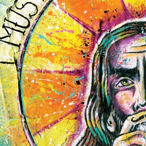 May include: A colorful abstract painting of a person with long hair and a beard. The painting is done in a style reminiscent of street art, with bold colors and thick brushstrokes. The word "MUSTAC" is written in black paint across the top of the painting.