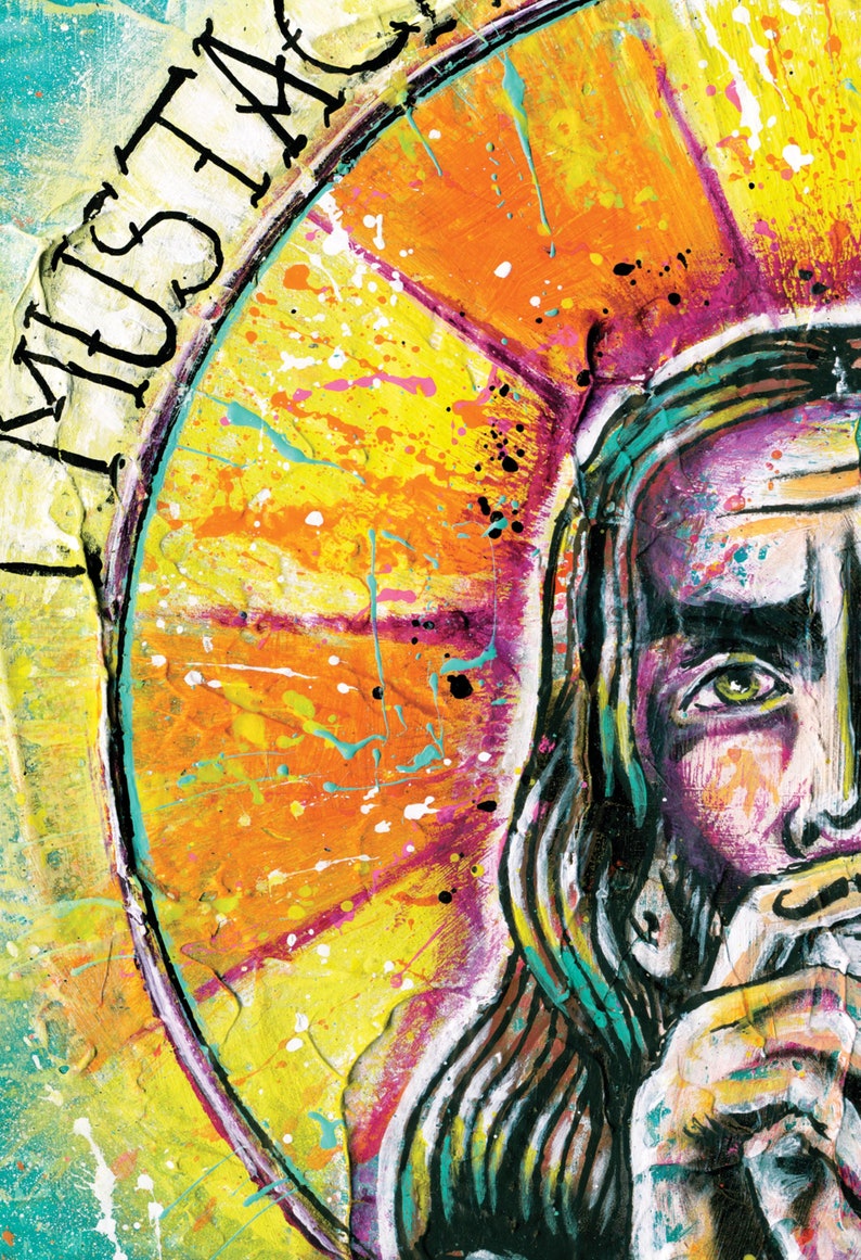 May include: A colorful abstract painting of a person with long hair and a beard. The painting is done in a style reminiscent of street art, with bold colors and thick brushstrokes. The word "MUSTAC" is written in black paint across the top of the painting.