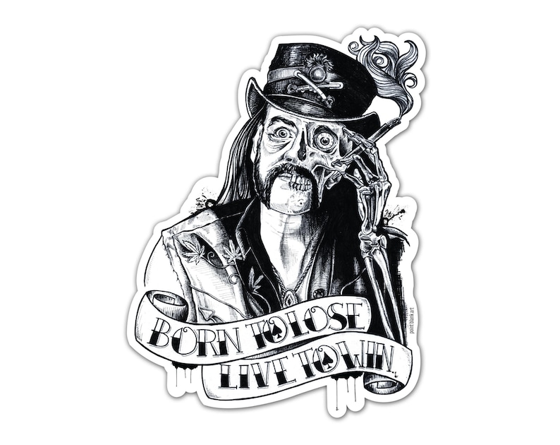 Vinyl Sticker Lemmy Kilmister Motorhead approx. 3.25 x 4.25 Rock Heavy Metal Speed Metal Tattoos Drugs low Brow Black and White image 1