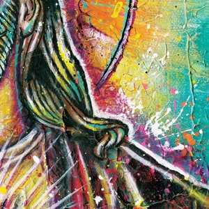 May include: Abstract painting with vibrant colors, including red, yellow, blue, green, and white. The painting features thick brushstrokes and splatters of paint, creating a dynamic and textured surface.