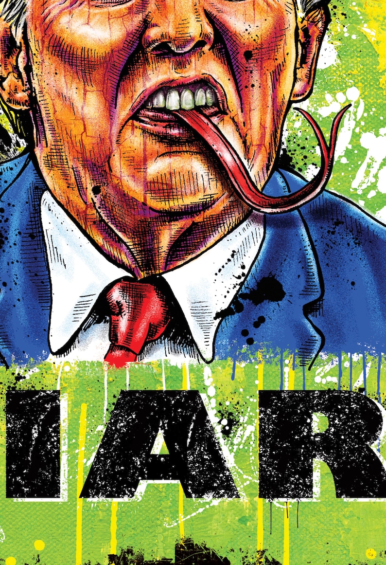 May include: Pop art illustration of a person with a long red tongue. The person is wearing a blue suit with a white collared shirt and red tie. The word "LIAR" is printed in large black letters on a green background.
