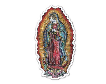 Vinyl Sticker - Virgin Meowy - (Approx 2.75" x 5") Funny Cat Sticker Mother Purresa  Religious Cat Guadalupe Cat Virgin Mary Cat