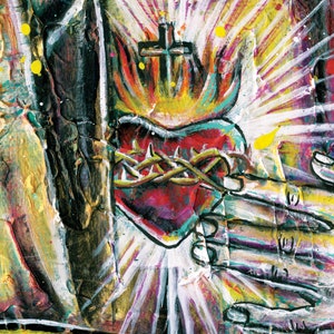 May include: A painting of a heart with a crown of thorns, surrounded by a bright light and a cross. The heart is red, pink, and purple, and the thorns are brown. The light is white and yellow, and the cross is black. The background is a mix of colors, including black, white, yellow, and purple.
