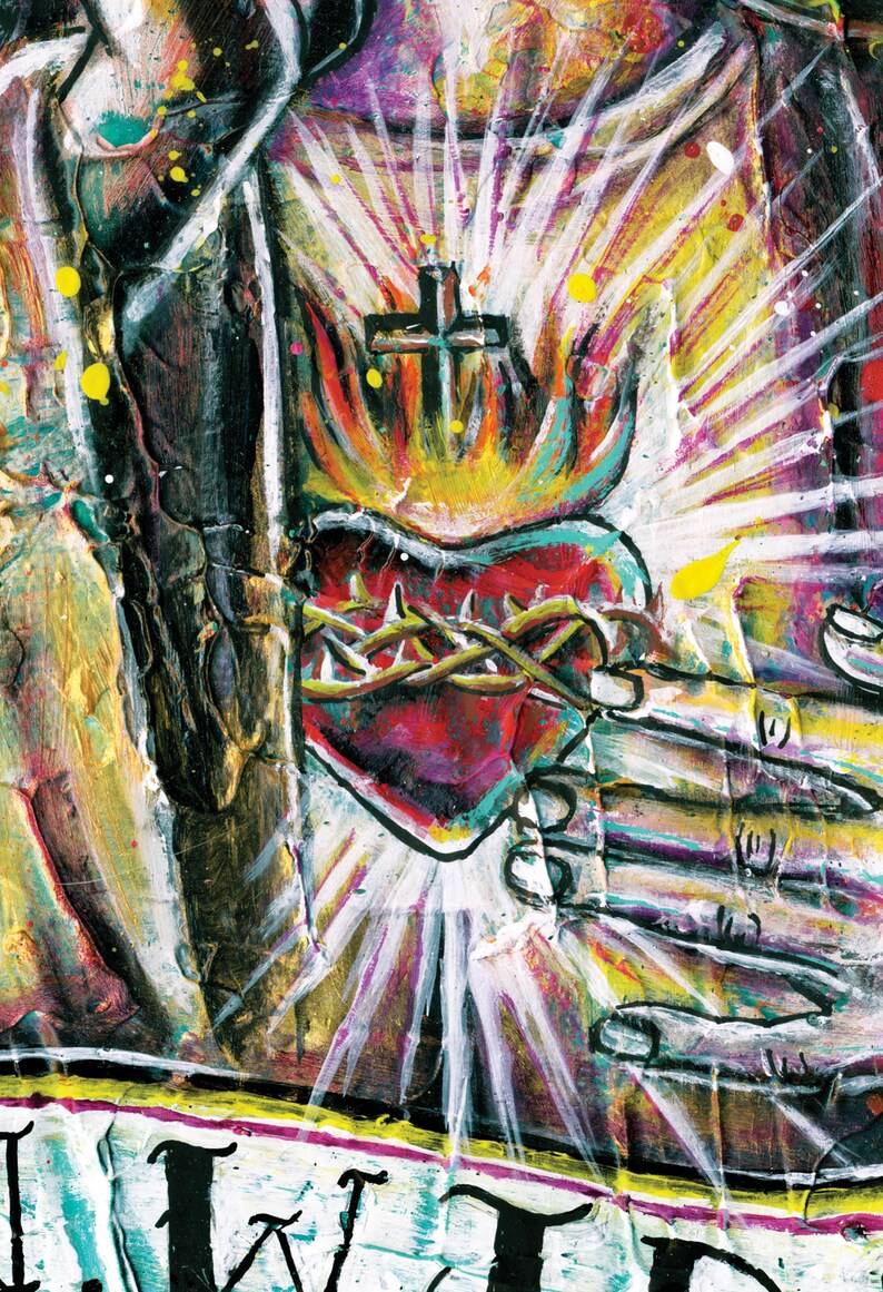 May include: A painting of a heart with a crown of thorns, surrounded by a bright light and a cross. The heart is red, pink, and purple, and the thorns are brown. The light is white and yellow, and the cross is black. The background is a mix of colors, including black, white, yellow, and purple.