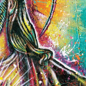 May include: Abstract painting with vibrant colors, including red, yellow, blue, green, and white. The painting features thick brushstrokes and splatters of paint, creating a dynamic and textured surface.