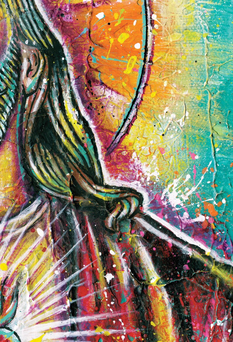 May include: Abstract painting with vibrant colors, including red, yellow, blue, green, and white. The painting features thick brushstrokes and splatters of paint, creating a dynamic and textured surface.