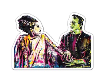 Vinyl Sticker - Frankenstein and His Bride- (approx. 4.5 x 3.2") Classic Monster Horror Halloween Gothic Pop Art Signed Art
