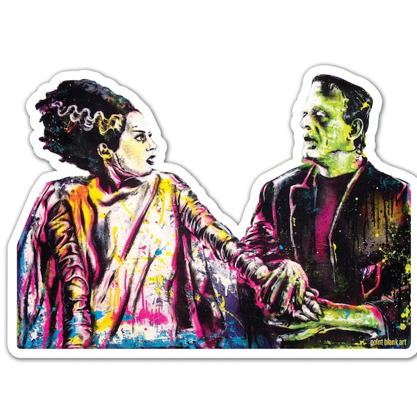 Vinyl Sticker - Frankenstein and His Bride- (approx. 4.5 x 3.2") Classic Monster Horror Halloween Gothic Pop Art Signed Art