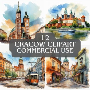 クラクフ水彩画像、クリップアート、12 PNG、4096x4096、クラクフ画像、高品質、クラクフ、ポーランド、ポーランド、商用利用